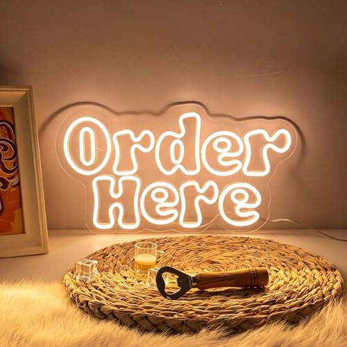Order Here Neon Schild, LED Warmweiß Neon Sign für Wand Deko, Dimmbare Brief Neonlichter USB Power für Business Coffee Shop Store Restaurant Fast Food Bar Club Supermarkt Hotel