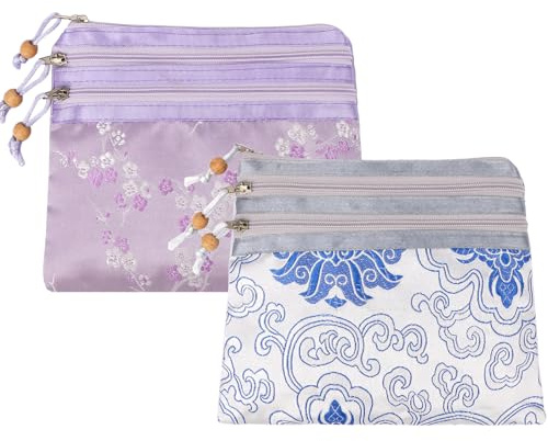 Kilofly Chinesischer Schmuckbeutel aus Seidenbrokat mit 3 Reißverschlüssen und Quasten, 2er-Set Set2 a