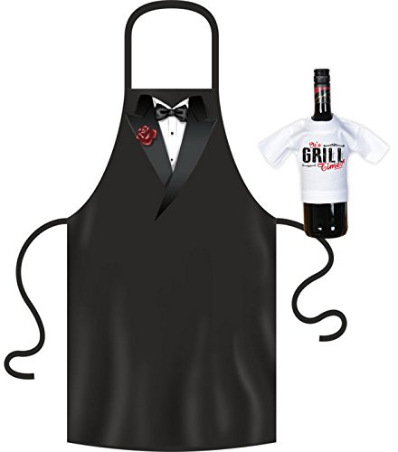 Geile-Fun-T-Shirts Kochschürze Männer - Smoking Fliege schwarz - Grill Koch Küchenschürze Schürze Männer Geschenke Set geil bedruckt mit Mini Flaschenshirt (ohne Flasche)