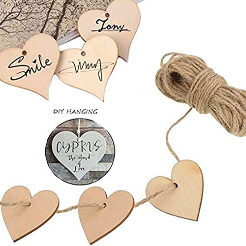 ToBeIT Herz Holz Scheiben 5cm 100 Stücke mit 10 meter juteschnur - Holzanhänger Herz für DIY Handwerk Verzierungen Naturholzscheiben (100pcs/50mm)