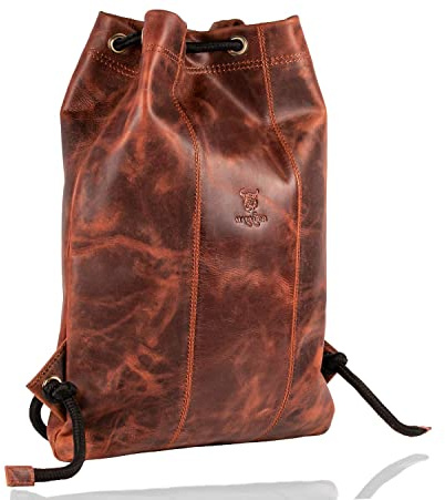 MATADOR Fitness Turnbeutel Damen Festival Rucksack Leder #SPARTA, eleganter Sportbeutel Damen, Echtleder Beutel mit Kordelzug, Kleiner Rucksack Herren Turnbeutel Herren Gym Bag in Braun Vintage