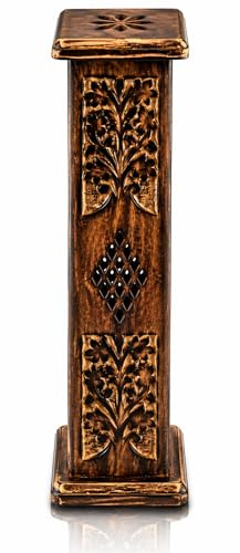 Räucherstäbchenhalter aus Holz und Kegelbrenner, Turm, groß, organisch, umweltfreundlich, Aschefänger, Agarbatti-Halter, rustikaler Stil, handgeschnitzt für Meditation, Yoga, Aromatherapie, Zuhause