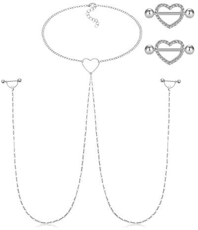 AceFun Anillos de Pezón con Collar Cadena Largo 14G Acero Inoxidable Piercing de Pezón Barbell Barra Joyas para Fiesta Club Nocturno Decoración 3 Piezas