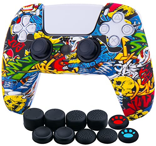 YoRHa Housse Coques Autocollants en Impression Silicone épaissi Skin Cover pour PS5 Dualsense Manette (Graffiti Comique) x 1 avec Prises de Pouce x 10