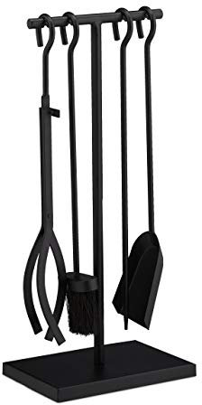 Relaxdays Kaminbesteck 5 tlg., modern, Kamingarnitur mit Schürhaken, Zange, Kaminbesen, Ascheschaufel & Ständer, schwarz