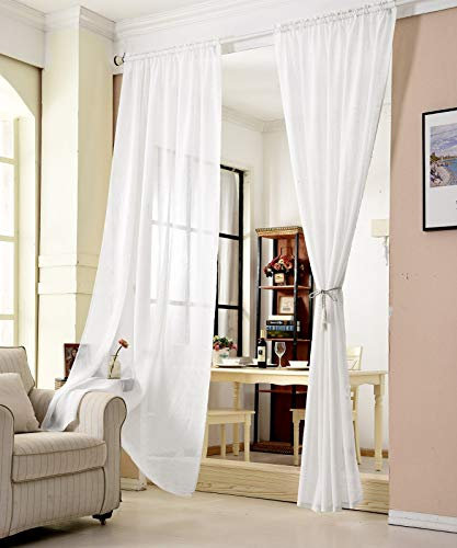 WOLTU Gardinen, Vorhänge für Wohnzimmer Küchen Schlafzimmer, mit Kräuselband, Leinenoptik, Transparent, 140 x 145 cm, Weiß