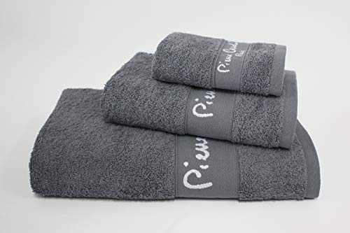 Pierre Cardin - Juego de 3 Toallas PC Logo - Tocador, Lavabo y Ducha - Gris Antracita | 100% algodón. Incluye tocador 30x50, lavabo 50x100 y ducha 70x140 cm. Suaves y absorbentes.