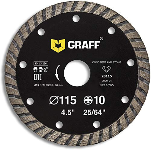 GRAFF Disco Diamantato 115 mm Turbo per Pietra, Cemento, Piastrelle, Pietra Naturale - Disco da Taglio Professionale per Smerigliatrici Angolari - Altezza Segmento 10mm