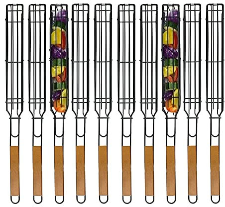 Panier à Griller Paniers à Brochettes Simples Antiadhésifs Barbecue à Poignée en Bois Anti-Corrosion pour Poisson Rôti Légumes Crevettes Fruits De Mer 10 pièces