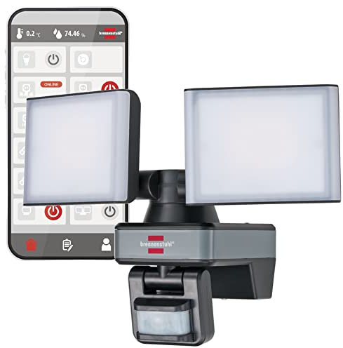 Brennenstuhl Connect WiFi LED Duo Floodlight with motion sensor WFD 3050 P / LED Security Light 30W for uutdoor use IP54 controllable via free app (3500lm, up to 12m range, wth detection angle 120°)