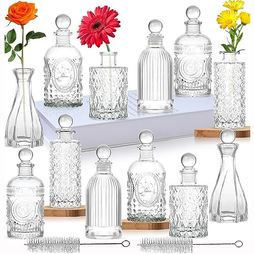 Glass Bud Vases in Bulk Set of 12 with Stoppers Small Mini Vases for Flowers,Embossed Clear Flower Vase,Vintage Glass Bottle Great for Table Decor,Wedding Centerpiece Table Gift Set