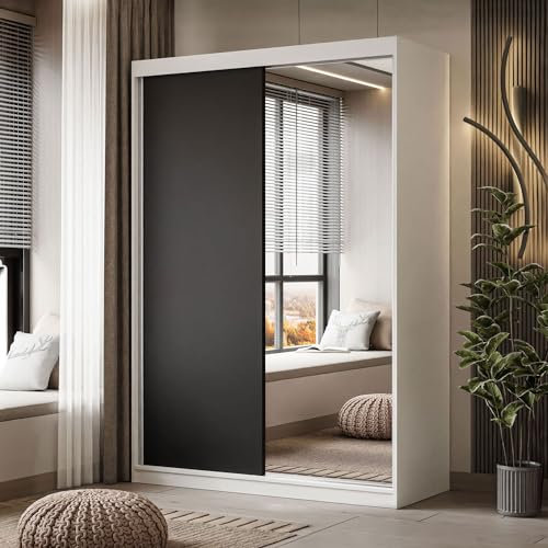 lukmebel Kleiderschrank - Kleiderstange Schrank - Schwebetürenschrank mit Spiegel Camaro 150 x 59 x 215 cm Schrank Weiß/Shwarz - Schlafzimmer Möbel - Aluminiumgriffe - Flurgarderobe