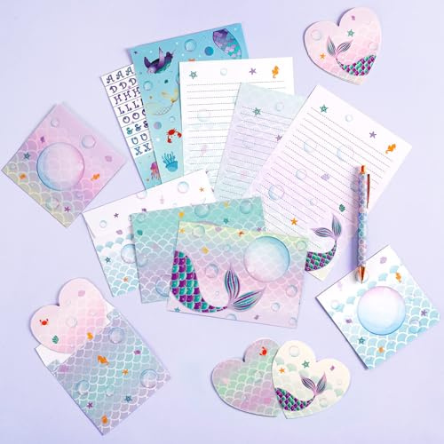 Mermaid Paper and Envelopes Set - 71PCS Magical Mermaid Stationery Paper for Kids Girls Christmas Birthday Gifts Stationery Letter Writing Set Envelopes Greeting Cards Stickers Ballpoint Pen Gift Box