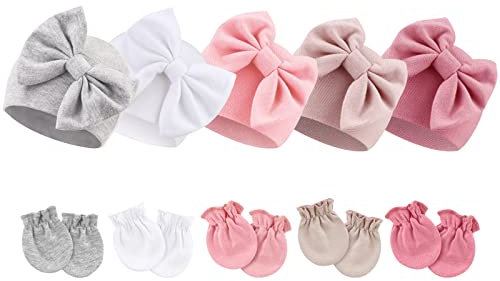 DRESHOW Neugeborene Baby Mütze Fäustlinge Krankenhaus Hut Beanie Säuglingshüte mit Schleife Baby Handschuhe for 0-6 Monate