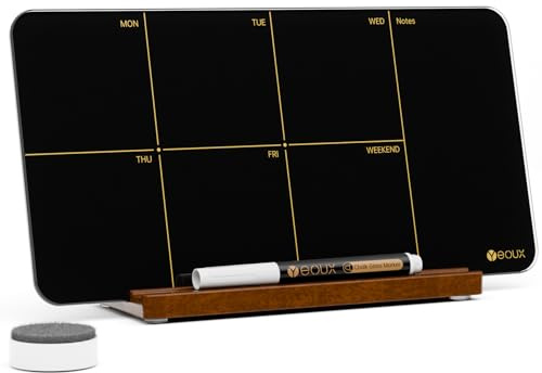 Desktop Black Glass Weekly Planner Dry Erase Whiteboard with Detachable Wood Stand,Small Portable Week Calendar to Do List White Board 12x6 for Office, Home, Schools, Marker&Eraser Included, Yeoux