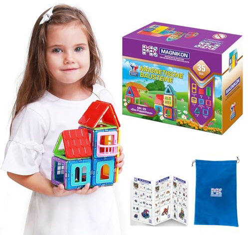 MAGNIKON Magnetbausteine Puppenhaus, Magnetische Bausteine, Bauklötze | Magnetsteine, Bausteine 35 Teile, Magnete für Kinder, Baukasten, Konstruktionsspielzeug, Magnet Spiel, Motorikspielzeug