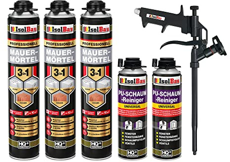 Isolbau Kit de mousse de maçonnerie - Pistolet à mousse téflon - 2 nettoyants PU - Mousse de montage - Mortier PU - 3 x 750 ml
