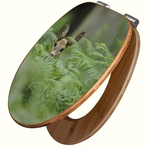 banjado Design WC Sitz Bambus Absenkautomatik 45,8x37,5cm / Toilettendeckel mit Absenkautomatik Holz/hochwertiger Bambus Klodeckel/WC-Sitz für gängigen Toiletten/Motiv Reh
