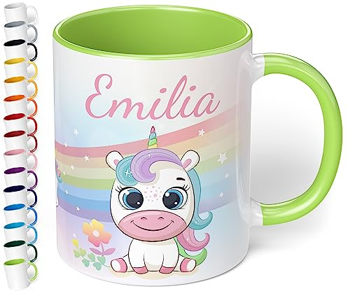 Kinder-Tasse mit Namen „Einhorn mit Regenbogen-Motiv“ – personalisierte Tasse für Jungen und Mädchen - rundum bedruckt – schönes Geschenk zu Weihnachten, Geburtstag (Hellgrün)