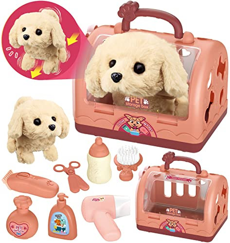 STAY GENT Toy Dogs for Kids Pet Care Role Play Set Robot Dog Toys Grooming Vet Set Kids with Electric Plush Walks Barks Dog & Carrier Pretend Play Xmas Toys Gifts for 3 4 5 6 7 8 Years Old Girls Boys
