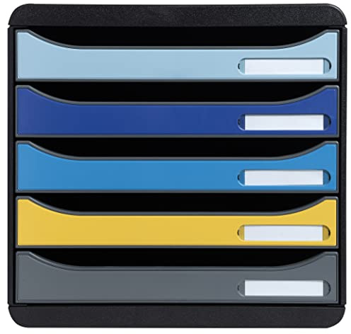 Exacompta 3094202D Ablagebox BeeBlue aus Recycling-Kunststoff mit 5 Schubladen für DIN A+ Dokumente. Belastbare Schubladenbox für mehr Platz auf dem Schreibtisch. Big Box Plus Blauer Engel