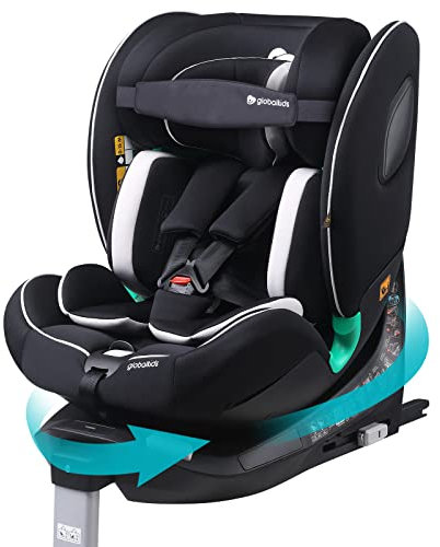 globalkids i-Size 360 Swivel Car Seat, Group 0+123 Car Seat with ISOFIX and Support Leg, ECE R129, 0-36 kg, 0-12years, 40cm-150cm, (Black Grey)