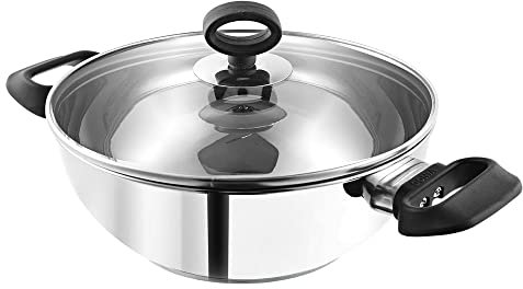 Aakrati Freidora Kadai Wok de acero inoxidable con base de inducción, diámetro de 30 cm, capacidad de 5,5 l, con tapa de acero inoxidable