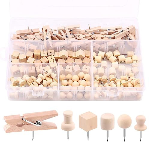Mollyfox Holz Pinnadeln Set mit 135 Stück, inklusive Aufbewahrungsbox - Reißnägel, Push Pins, Clips und Heftzwecke für Pinnwand, Korkplatte, Landkarte, Fotos, Haus und Büro (6