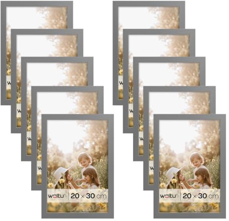 WOLTU Bilderrahmen 20x30, 10er set, MDF-Holz Fotorahmen mit Passepartout | Grau, Posterrahmen für Poster, Fotos, Puzzle, aufhängbar & aufstellbar, Collage-Wanddeko mit bruchsicherer PS-Platte