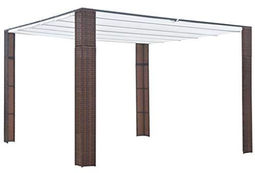 Homgoday Pavillon mit Versenkbarem Dach Terrassenüberdachung mit Schiebedach Gartenpavillon UV-Schutz für Garten Terrassen Überdachung Poly Rattan 300x300x200 cm Braun und Creme