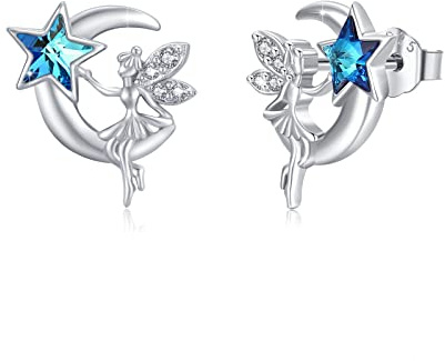 Pendientes de luna y hada, plata de ley 925, diseño de elfo, media luna, estrella, pendientes con cristal azul, joyas de hadas, regalos de cumpleaños, regalos para mujeres, adolescentes y niñas, Plata