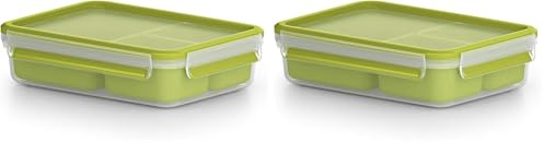 Emsa Clip & Go 518100 Lunch- und Snackbox | Mit 3 praktischen Einsätzen und Deckel | Volumen: 1,2 Liter | Transparent/Grün | 1 Stück (2er Pack)