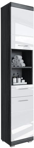 Newroom Hochschrank Anthrazit Weiß Hochglanz Badezimmer Badschrank modern | 2 Türen mit Schublade und offenem Ablagefach, Bügelgriff Metall, schmaler Schrank nur 31 cm tief, für kleine Bäder