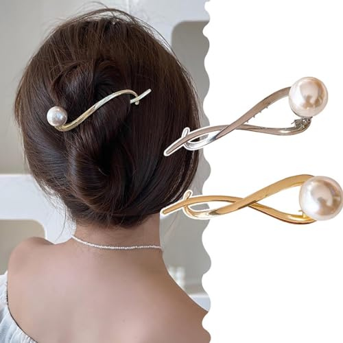 Danshinbow 2 Stück Perlen-Haarspangen, Bananen-Haarspangen, goldfarben, silberfarben, französische Haarspangen, dickes Haar-Accessoire für Damen und Mädchen