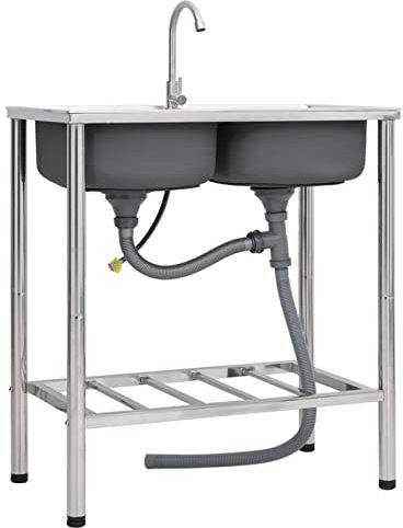 Rantry Évier de camping double vasque avec robinet en acier inoxydable, lavabo à poser sur le plan de travail, lavabo pour salle de bain, cuisine, éviers utilitaires