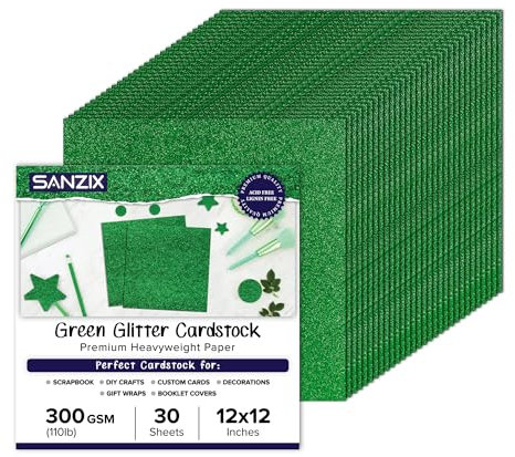 SANZIX 30 Sheets Green Glitter Cardstock Paper 12x12 110lb 300 GSM Glitter Paper for Cricut, Christmas Cards, Scrapbook, DIY Crafts, Decor, and Custom Cards | Ideal for Gift Wraps & Booklet Covers