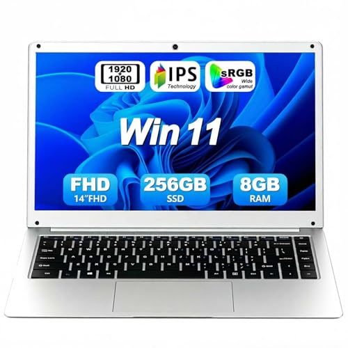 JUSTTHINK 14'' Windows Laptop, Intel Celeron N4000, 8 GB RAM, 256 GB Storage, 14-inch Micro-Edge HD Display, Windows 11 Pro, Thin & Portable, Support 4K Graphics at 60Hz, Silver
