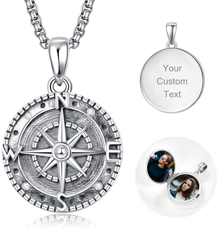 KINGWHYTE Medaillon zum öffnen für Bilder 925 Sterling Silber Kompass Kette Personalisierte Foto Anhänger mit eingraviertem Text und Bild Amulett zum öffnen Halskette Geschenke für Frauen Männer