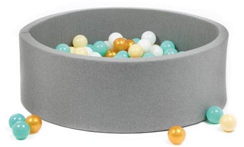 LUDI - Piscina a sfera rotonda in schiuma - Ø 90 cm x H 30 cm - per bambini dai 6 mesi - 100 palline incluse - Tessuto morbido e lavabile - Colore Grigio - Favorisce la capacità motoria e il