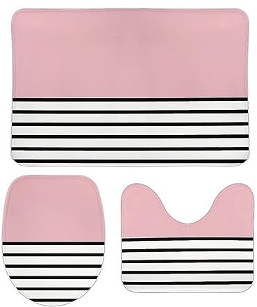 Badteppich-Set 3-Teilig Einfaches Rouge-Rosa Mit Schwarzen Und Weißen Streifen Badezimmer Vorleger 3-Teiliges rutschfeste Wc Vorleger Set 3 Teilig Wasserabsorbierend Badezimmer-Garnitur