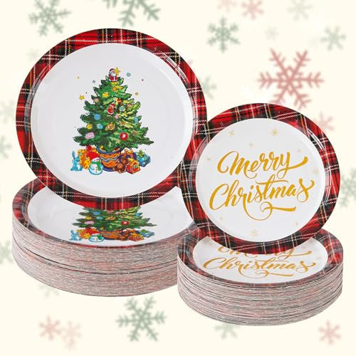 Weihnachtspappteller, rot, kariert, Einwegteller, Frohe Weihnachten, Geschirr-Set, Partyzubehör, Tischdekoration, Urlaub, Geburtstag, 160 Stück