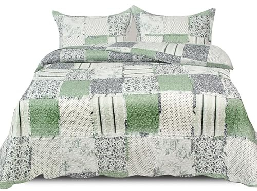Cozy Haven Quilt Patchwork Bedspread 3 Piece Set – Coverless Quilted Bedspread, Comforter Throw, Summer and All-Season Lightweight Bedding Sets, with 2 Pillow Sham - (Green Enchantment, King)