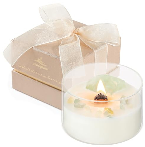 AntExpanse Bougie Parfumée Vanille avec Cristaux & Mèche en Bois, Idée Cadeau Femme, Anniversaire, Maman, Cire de Soja Naturelle, 55h de Combustion, 198g