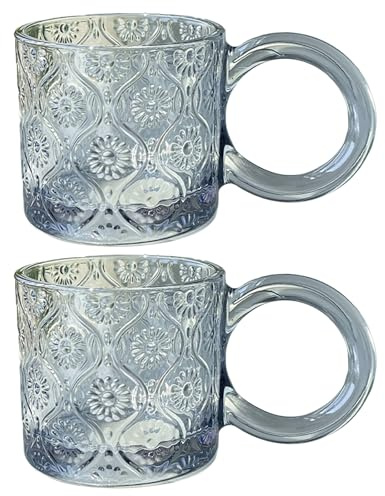 Jarsense 2 Gläser im Vintage-Stil mit Griff, 250 ml, Begonie, Kaffeetasse für Cappuccino, Milch, Latte-Tee, Blau