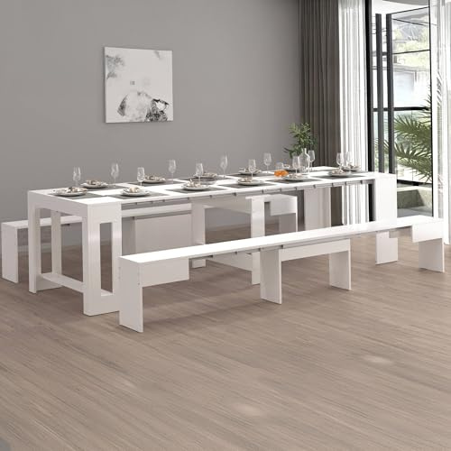 Dmora - Bank Torquato, Set mit 2 Sitzgelegenheiten für den Esstisch, ausziehbare Bänke, 290x25x45 cm, glänzend weiß