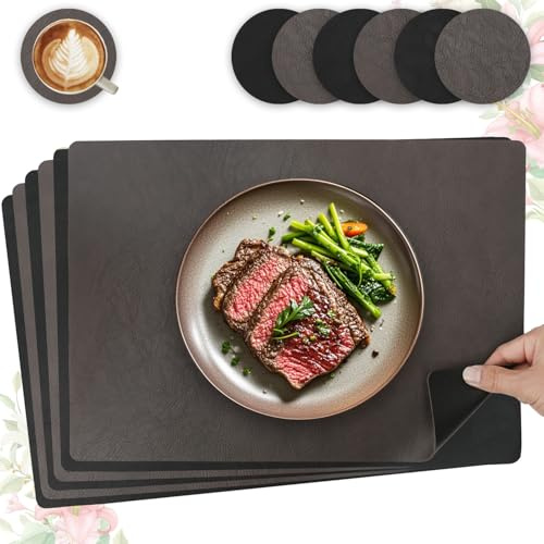 6er Set Tischset aus Leder-Imitat，Platzsets abwaschbar und wasserdicht，Platzdeckchen Lederoptik mit Untersetzer,Tischuntersetzer Doppelseitigen rutschfest(Eckig,Dunkelbraun+Schwarz)