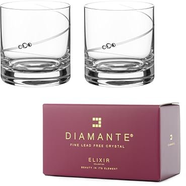 DIAMANTE Whisky Glasses Crystal Short Drink Tumblers Pair with ‘Silhouette’ Collection Hand Cut Design - Set of 2