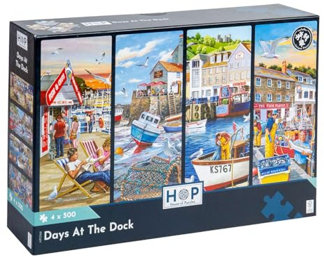 The House of Puzzles Days at the Dock, 4 x 500 Piece Jigsaw Multipack | Coastal Harbour Theme, Artist Illustrated, Deluxe Puzzle Gift for Adults