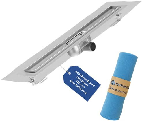 BADfabrik24 ShowerDrain C Duschrinne 118,5 cm – Edelstahl-Rinnenkörper ohne Aufkantung, Einbauhöhe 8–12,8 cm – hohe Ablaufleistung – inkl. Mikrofasertuch