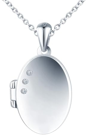 MICSAVI Collar medallón de plata 925 para mujeres niñas, medallón con 3 piedras de circonita colgante ovalado para fotos con cadena 45+5cm, regalo de joyería para mamá novia esposa
